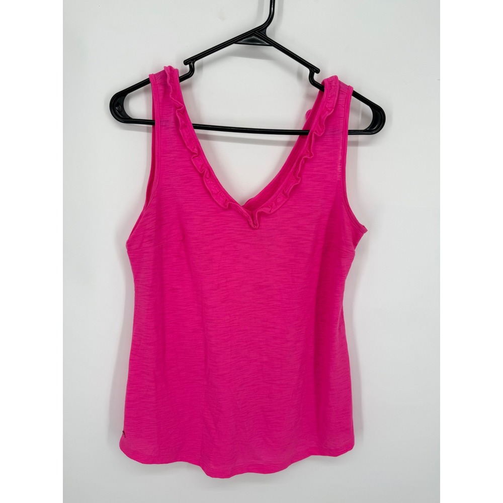 Lilly Pulitzer Tank Top Women XS Pink Ruffle V-Neck Slub Knit Sleeveless